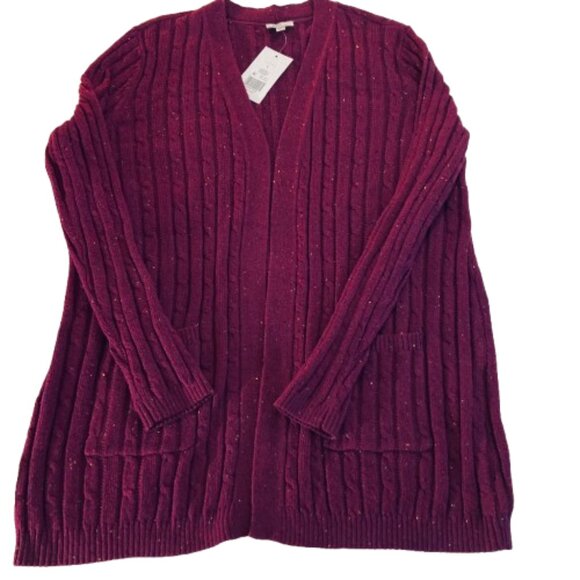 Kim Rogers Cardigan NEW! LS Cable Knit Open Front Wine Red Cotton Blend, Large - Picture 7 of 12